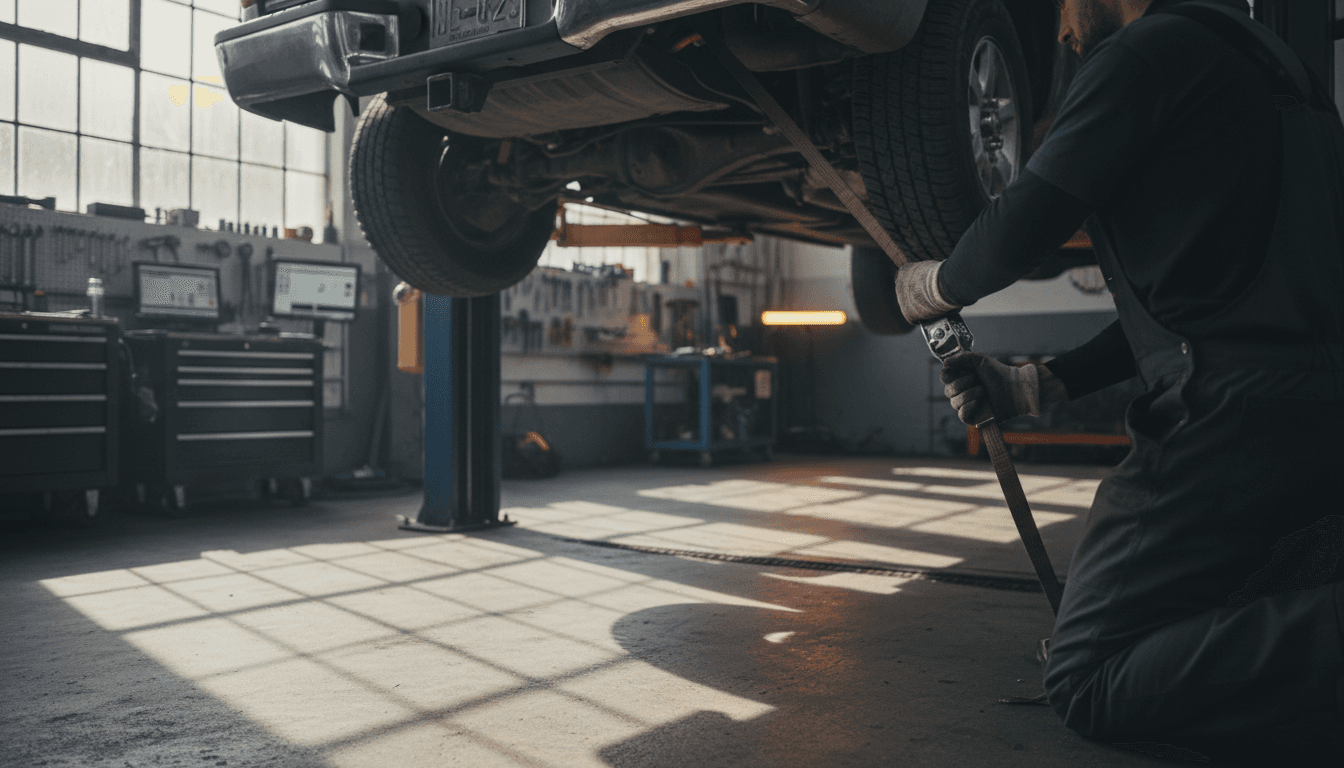 Mechanic securing vehicle on hydraulic lift in professional Brighton garage