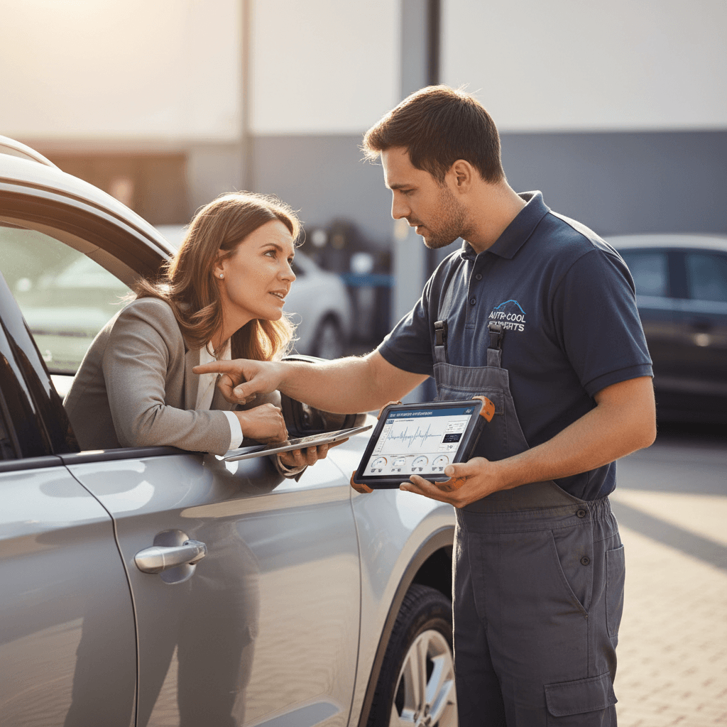 Technician explaining AC diagnostic results to customer