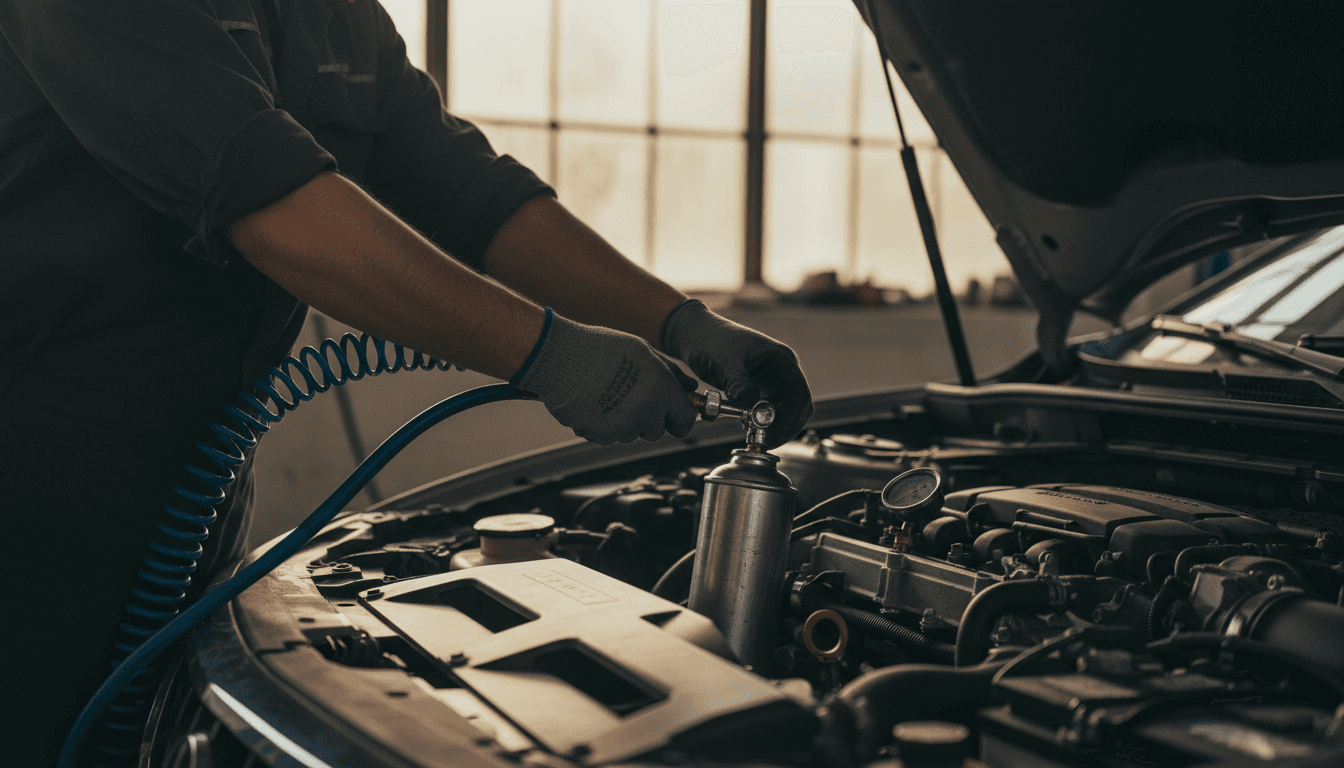 Professional mechanic servicing a car air conditioning system with refrigerant recharge equipment