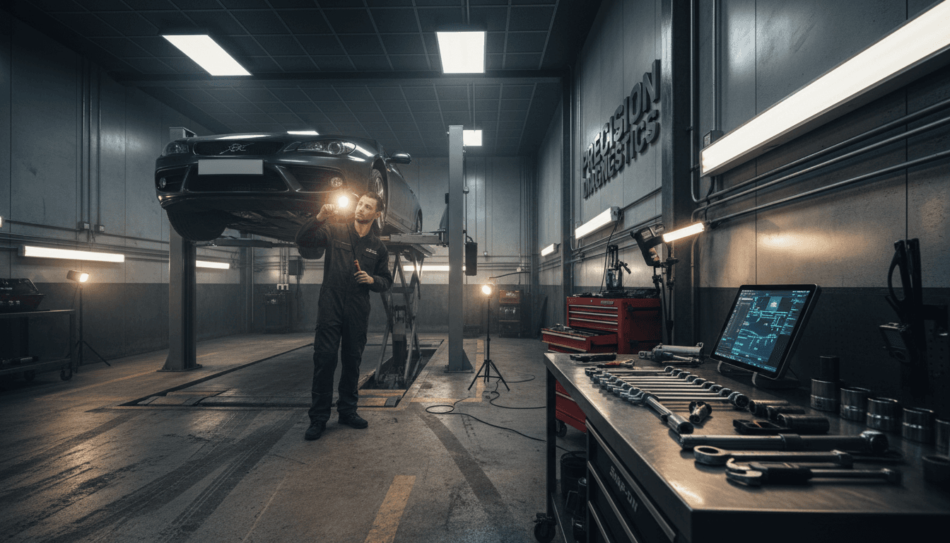 Professional technician performing MOT inspection on vehicle in Brighton garage