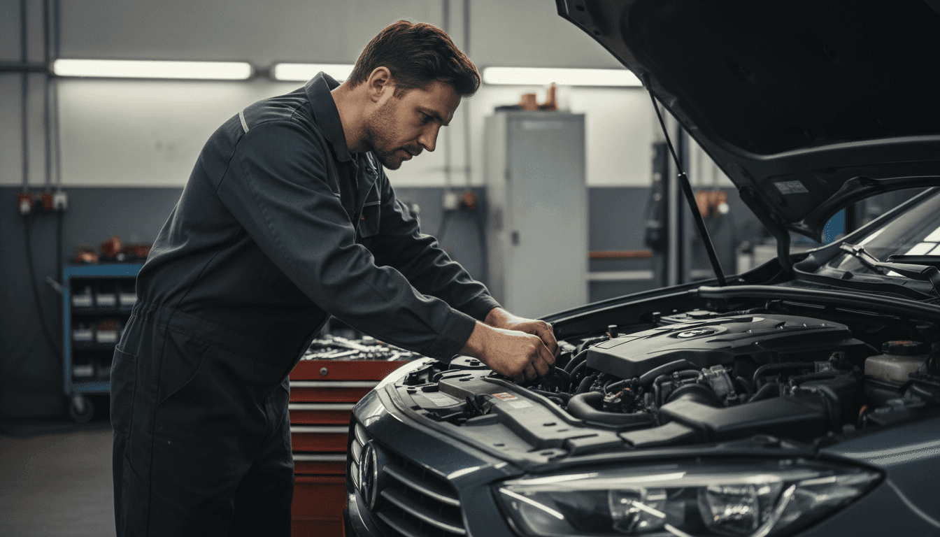 Mechanic inspecting a vehicle engine at First Class Garage in Brighton