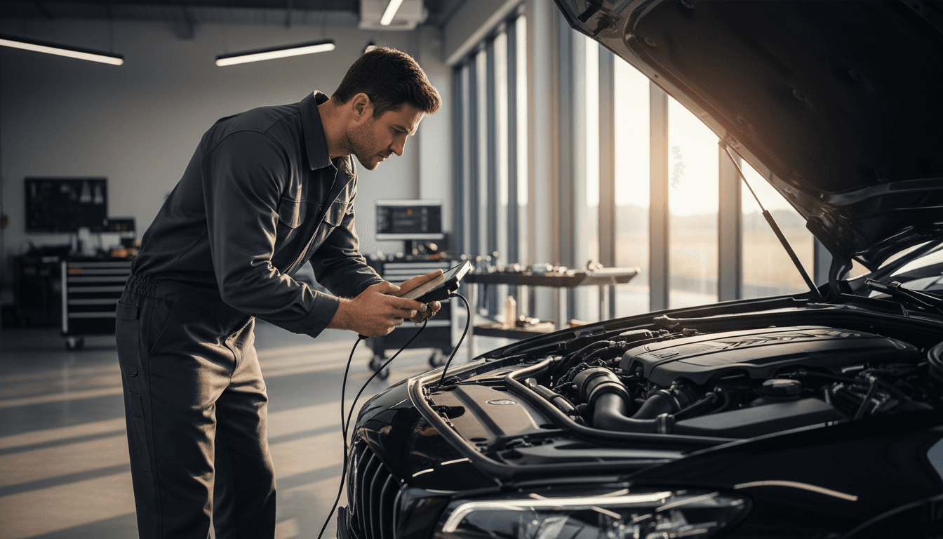 Professional technician performing vehicle diagnostic inspection at First Class Garage Brighton