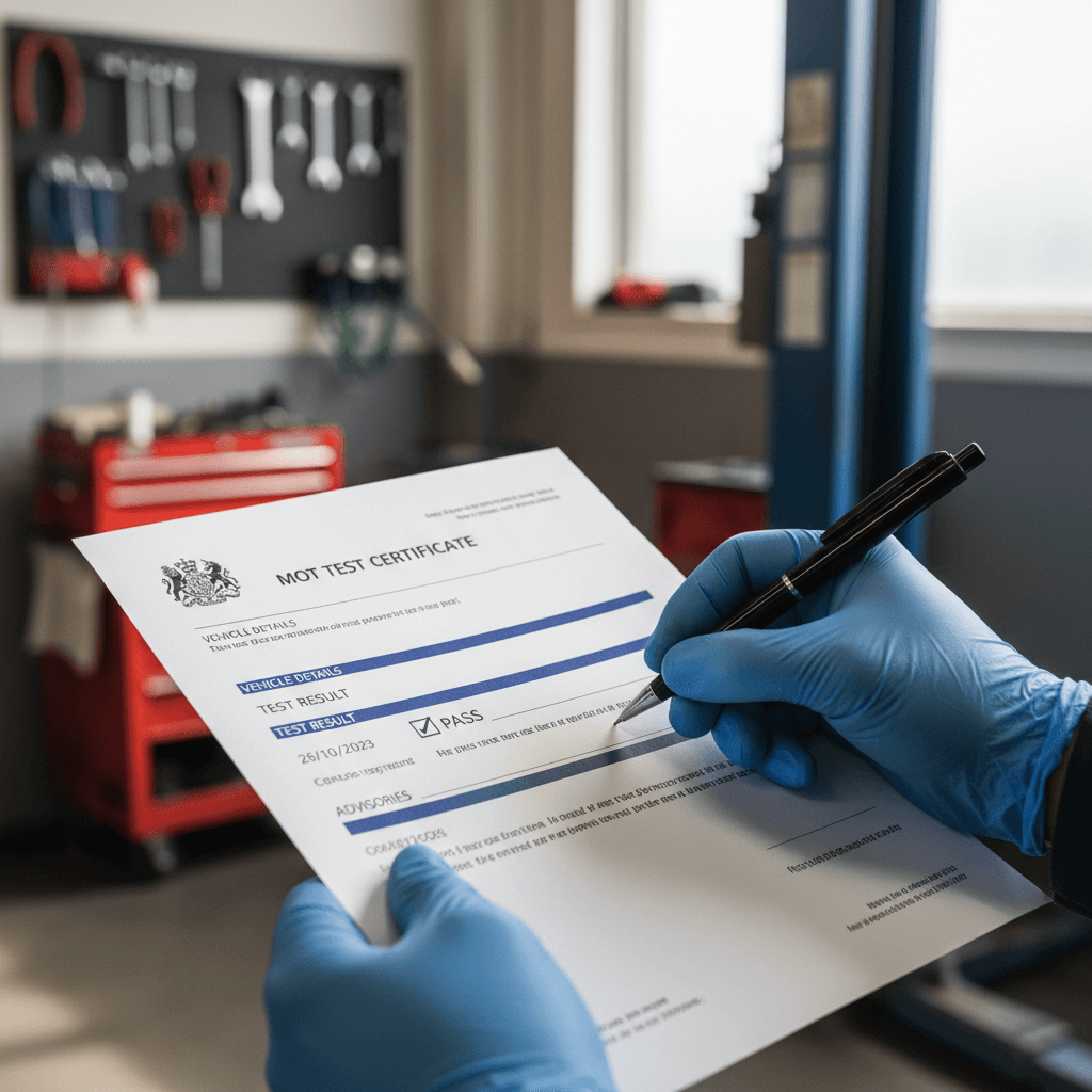 MOT test certificate being completed and documented