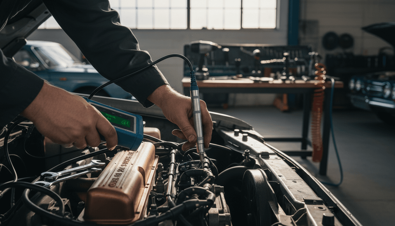 Mechanic performing vehicle diagnostic assessment