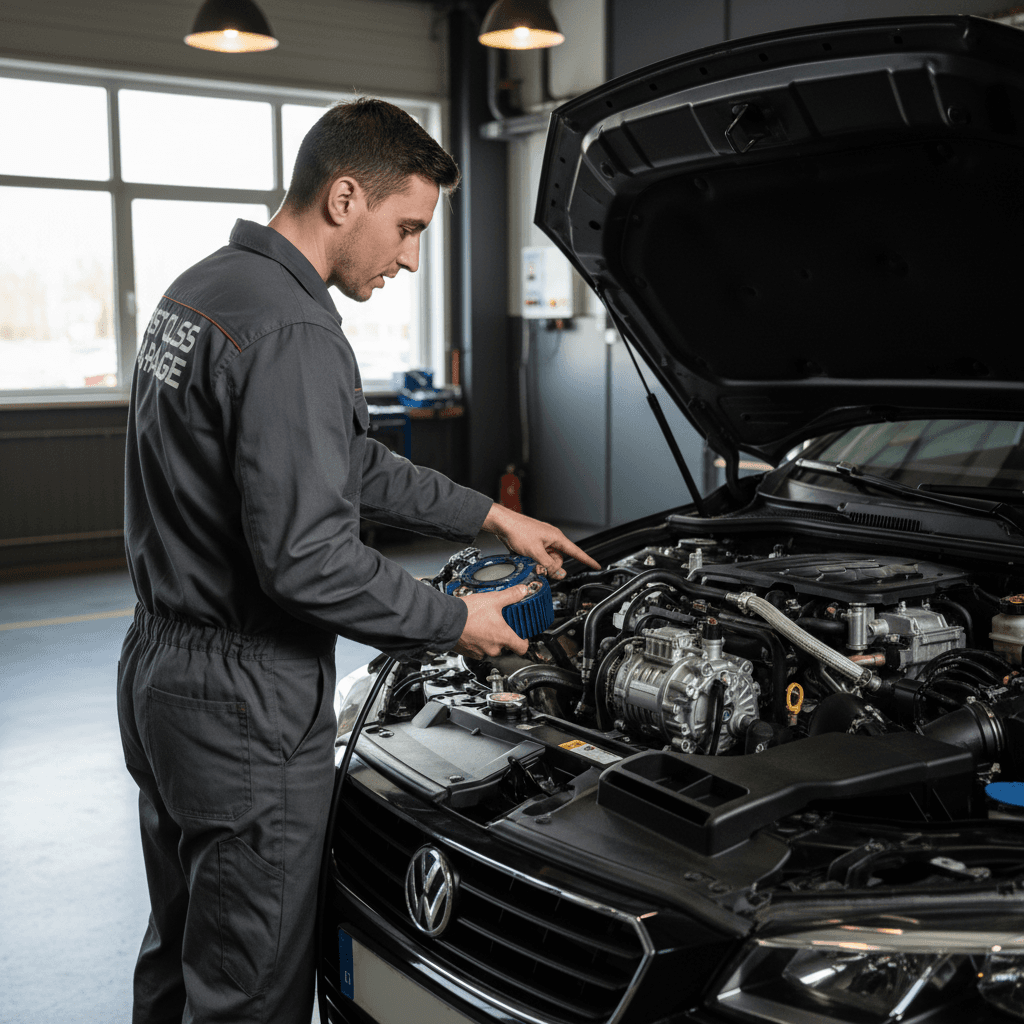 Technician performing AC system diagnostic check