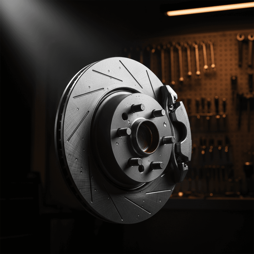 Newly installed brake rotor on wheel assembly