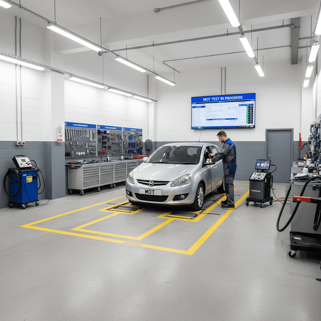 Technician checking vehicle lights during MOT inspection