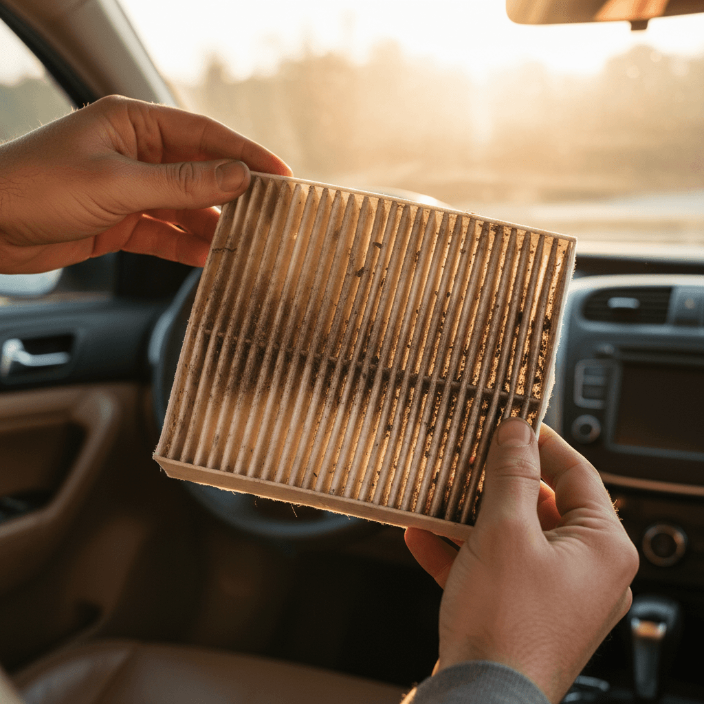 Dirty cabin air filter held to light showing contamination