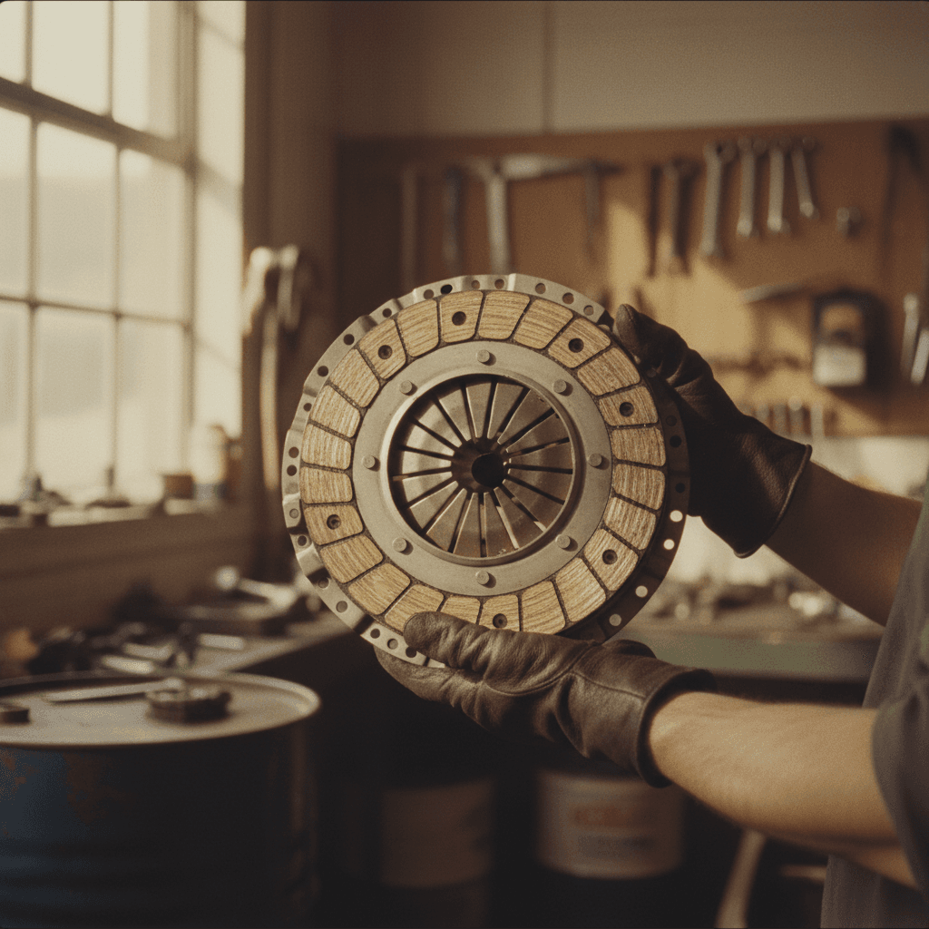 Technician holding worn clutch disc