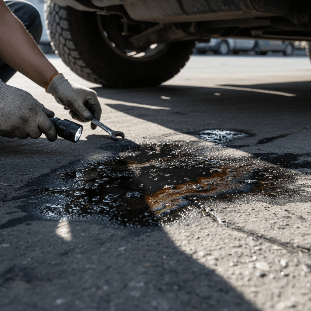 Fluid leak stains visible on ground beneath vehicle