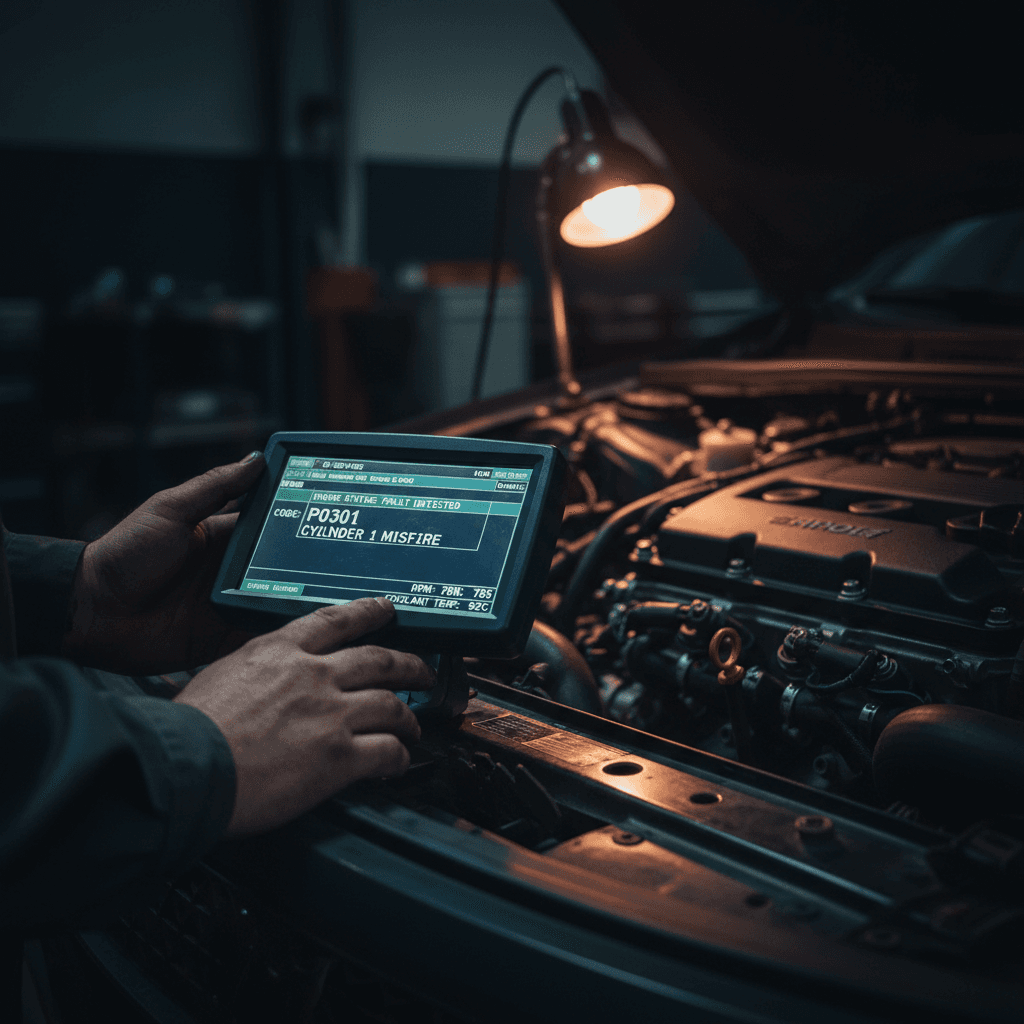 Engine diagnostic scanner in use