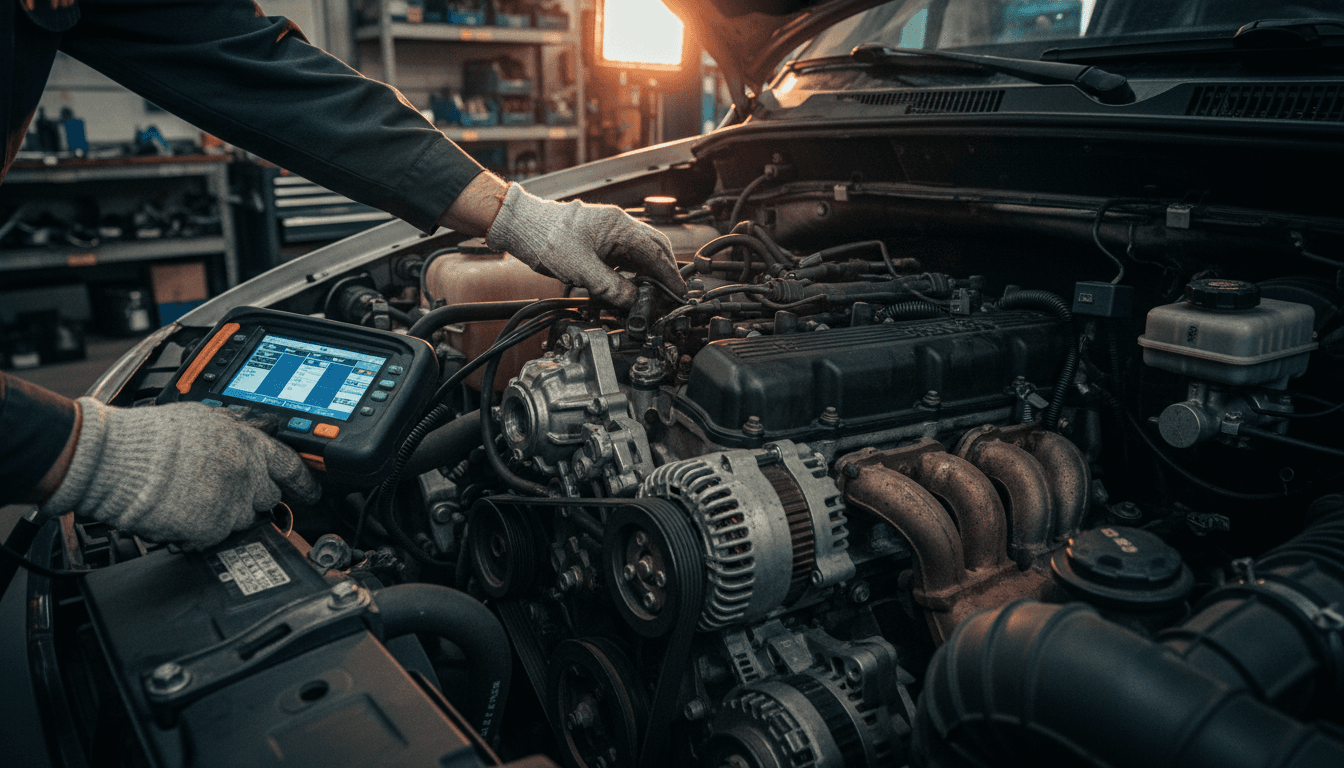 Experienced mechanic performing detailed engine inspection on a van at First Class Garage in Brighton