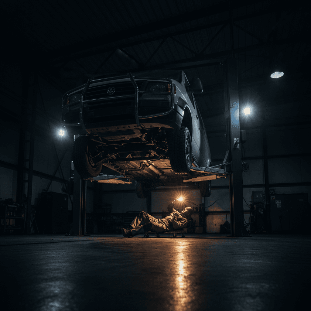 Brake service inspection on van undercarriage