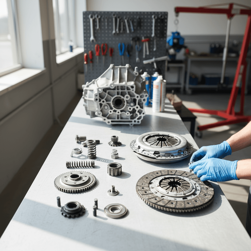Clutch assembly components laid out for replacement service