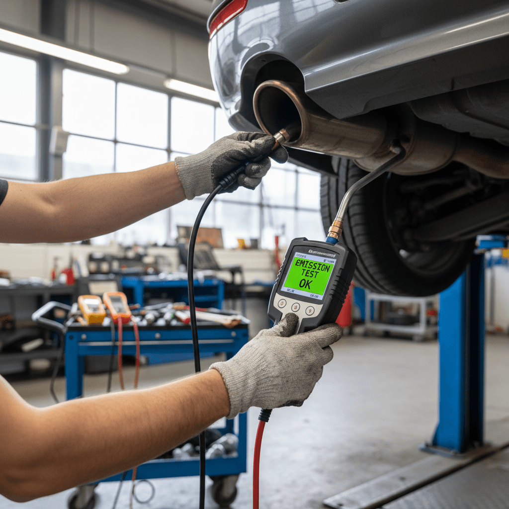 Emission testing being performed on vehicle exhaust