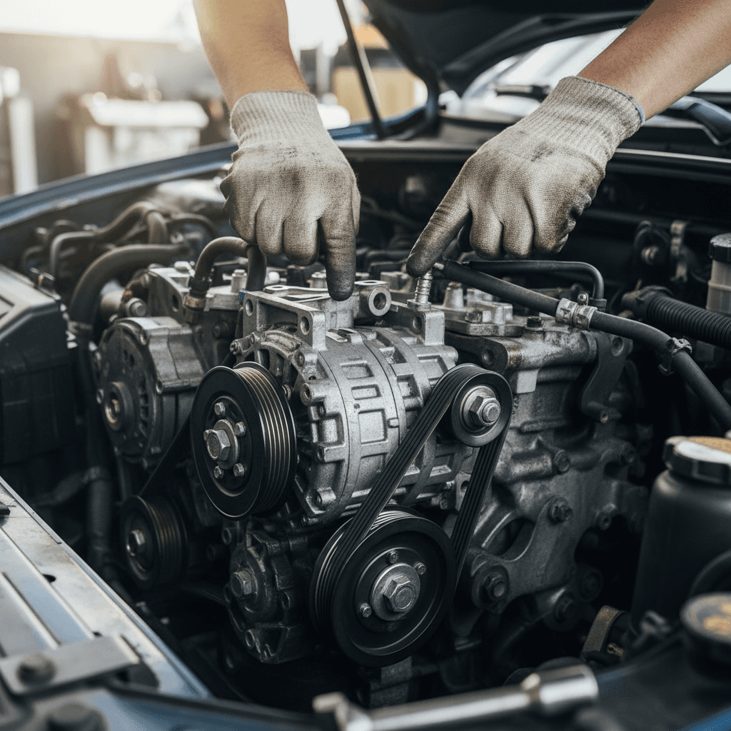 Engine bay showing air conditioning compressor and serpentine belt