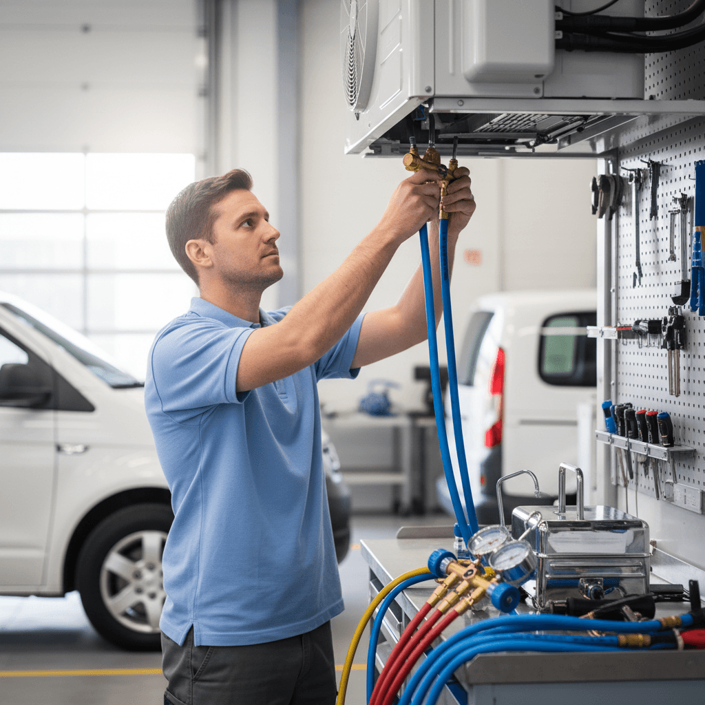 Air conditioning recharge service on van