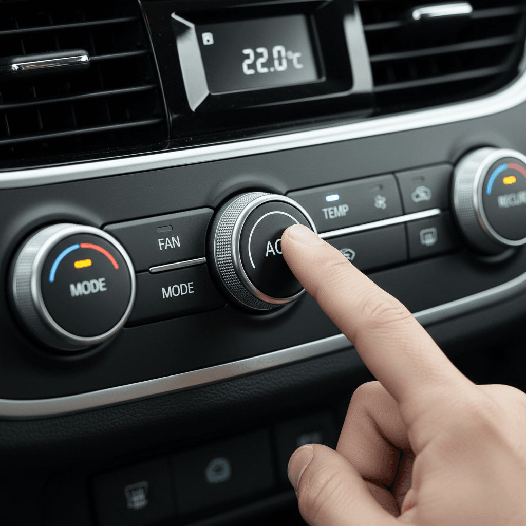 Hand pressing air conditioning system button on dashboard