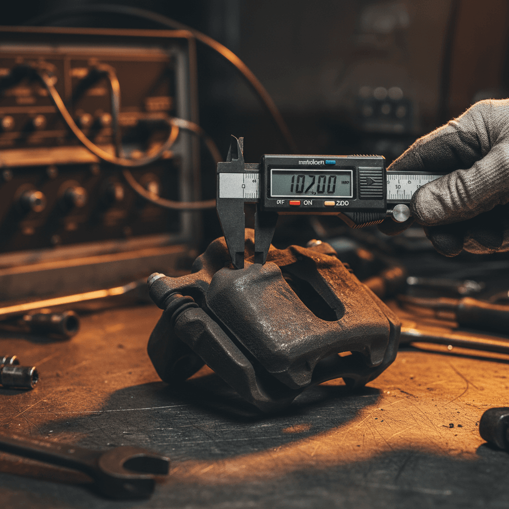 Brake caliper inspection close-up