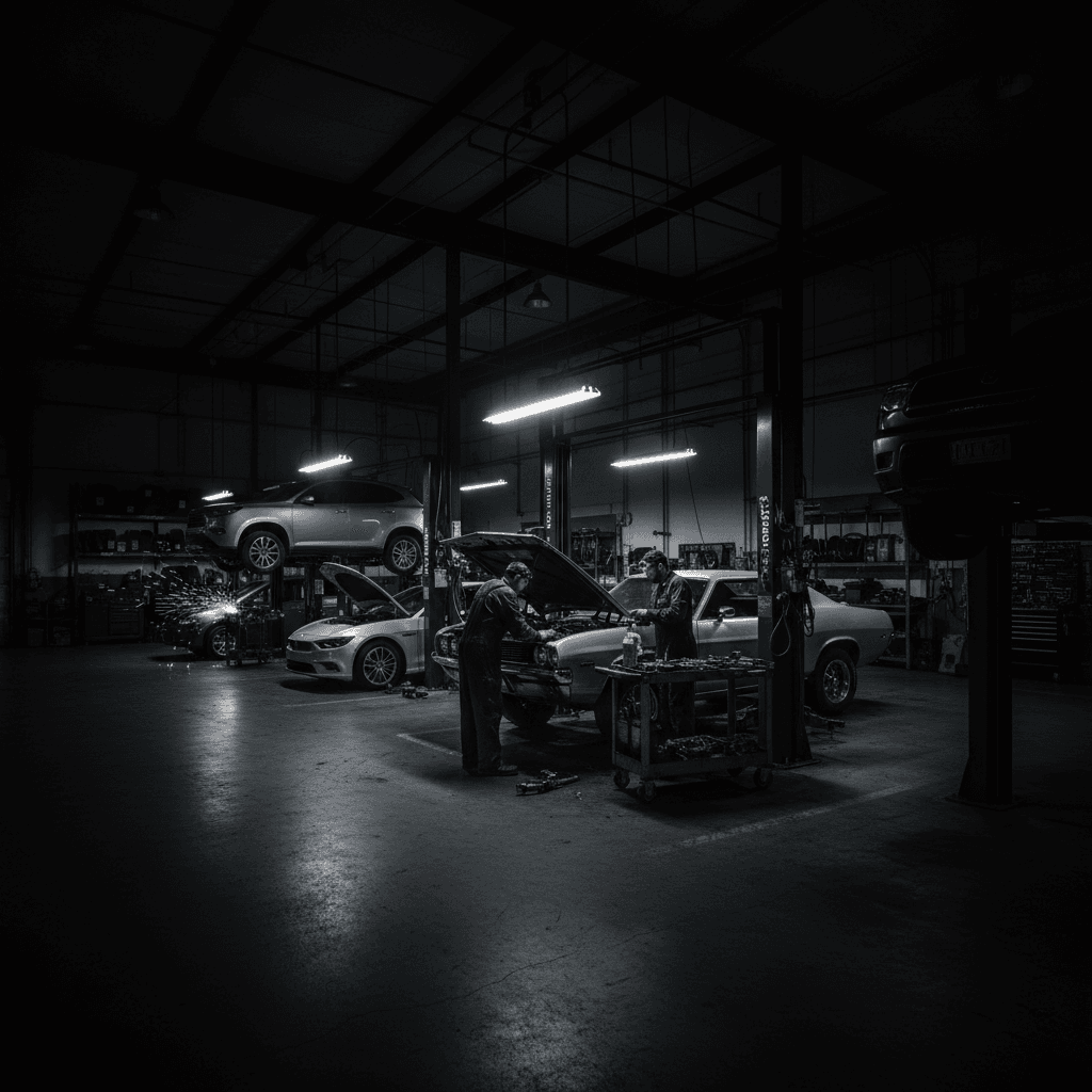 First Class Garage workshop with mechanics performing various vehicle repairs
